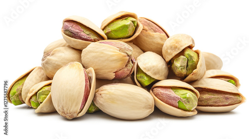 Close-up of a pile of pistachio nuts isolated on a transparent background