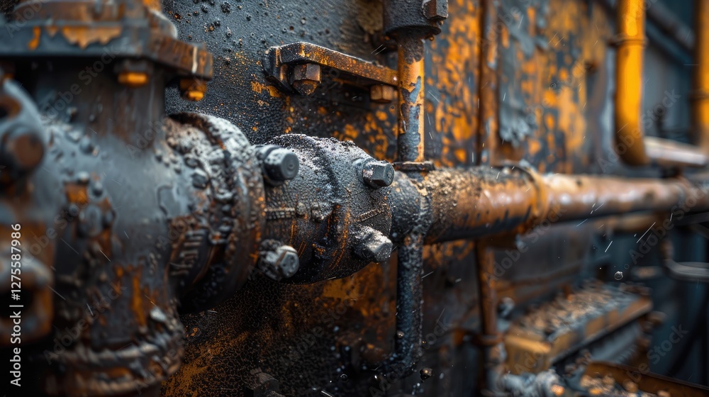 Detailed close-up of a rusty gas boiler's combustion chamber showing black soot and corrosion on a grimy metal pipe with droplets of water. Detailed close-up of a rusty gas boiler's combustion chamber showing black soot and corrosion on a grimy metal pipe with droplets of water.