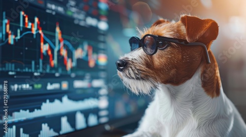 Wallpaper Mural Jack Russell Terrier dog with glasses studies financial stock market charts on a glowing digital screen with colorful graphs and data displays. Torontodigital.ca