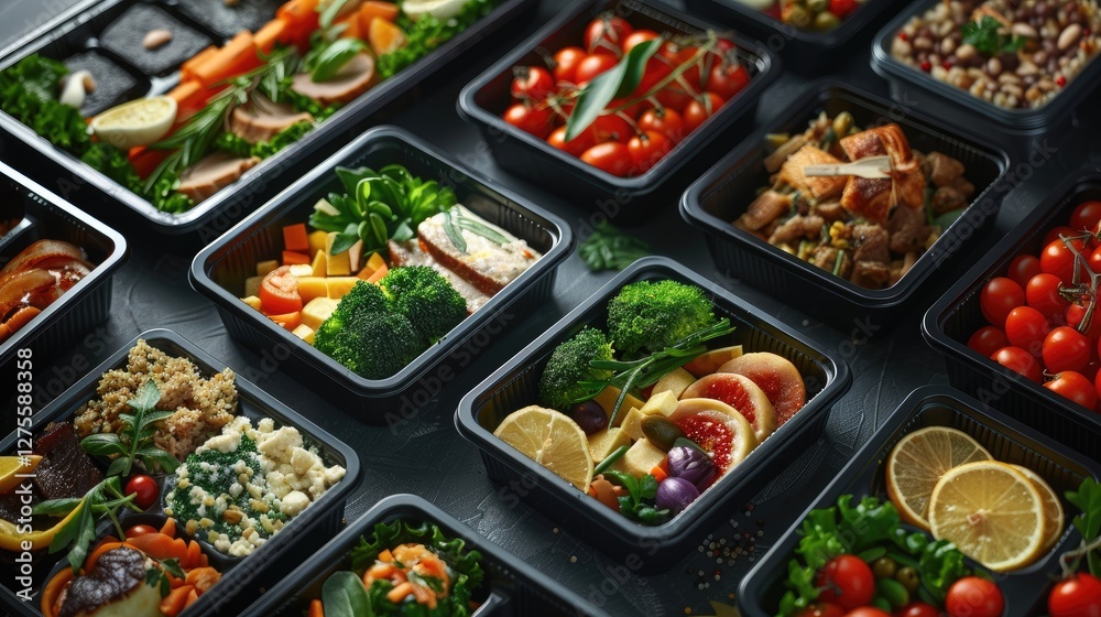 Healthy gourmet meal boxes arranged in a grid featuring colorful vegetables fruits and grains in black containers on a dark background Healthy gourmet meal boxes arranged in a grid featuring colorful vegetables fruits and grains in black containers on a dark background