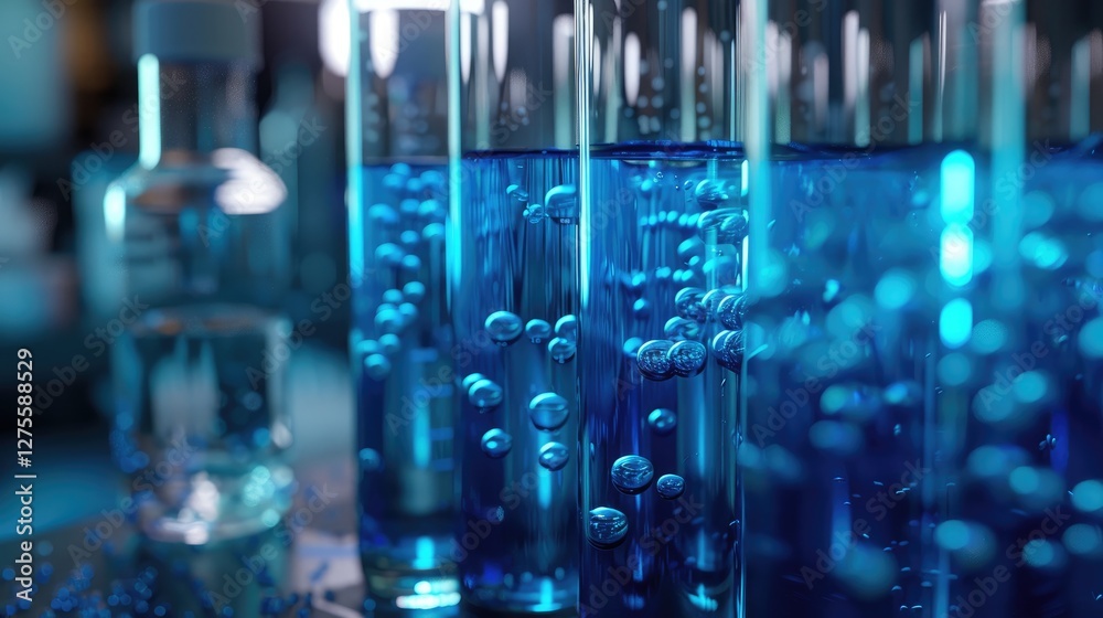 Blue liquid-filled test tubes with bubbles on a lab countertop, reflecting cool tones, arranged in sharp focus to emphasize scientific analysis. Blue liquid-filled test tubes with bubbles on a lab countertop, reflecting cool tones, arranged in sharp focus to emphasize scientific analysis.