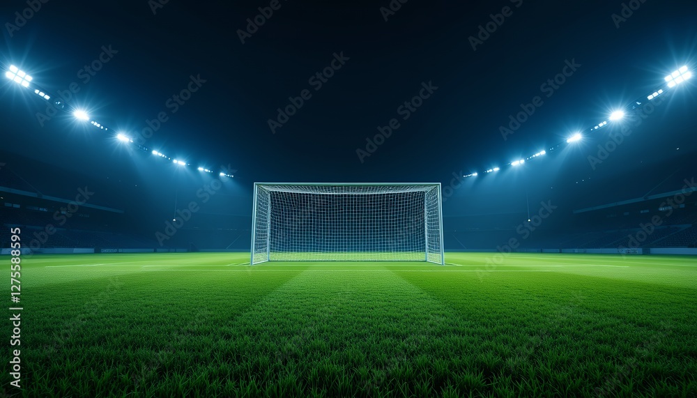 Fototapeta premium Illuminated soccer stadium showcasing vibrant green pitch and goalpost