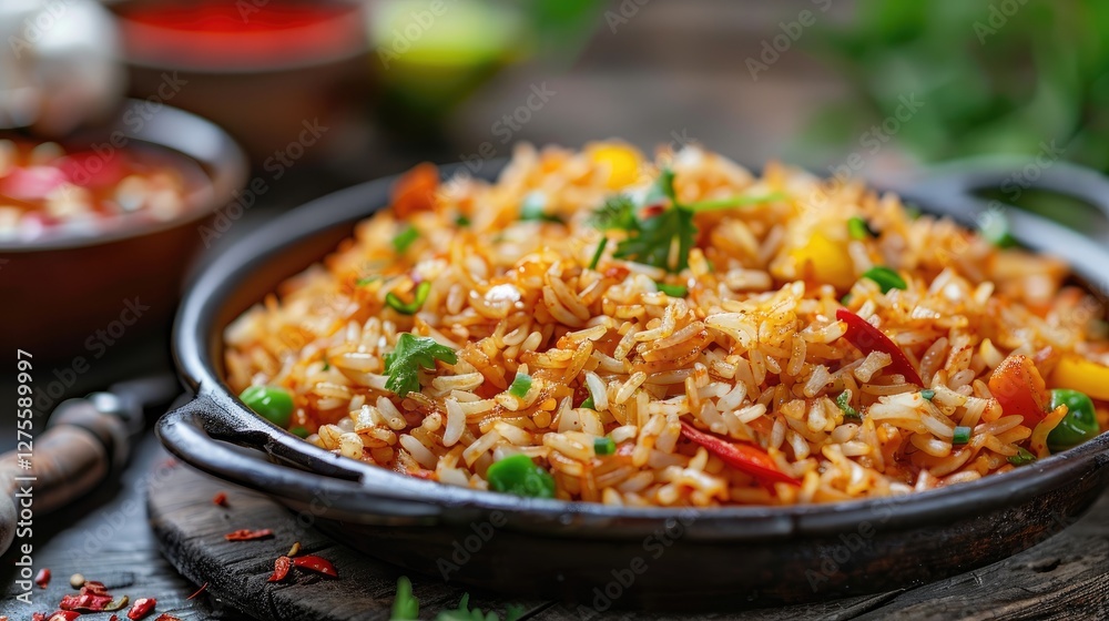 Fried rice with vibrant colors of yellow and red bell peppers topped with fresh herbs served on a dark iron plate against a rustic wooden background Fried rice with vibrant colors of yellow and red bell peppers topped with fresh herbs served on a dark iron plate against a rustic wooden background