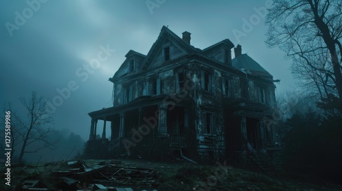 Creepy weathered mansion surrounded by fog with dark trees in foreground, showcasing dilapidated structure and eerie atmosphere in twilight hues. photo