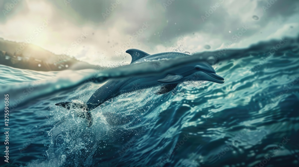 Naklejka premium Dolphin leaping from turquoise ocean waves illuminated by dramatic sunlight with dark clouds in the background creating a serene atmosphere