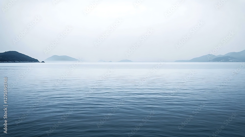 Serene coastal landscape with misty mountains and calm ocean Serene coastal landscape with misty mountains and calm ocean