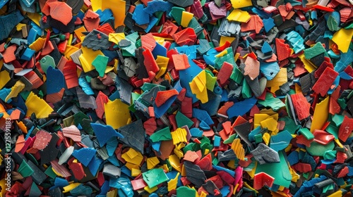 Colorful fragments of shredded plastic waste in a chaotic mix of red, blue, yellow, green and black scattered across the surface for recycling efforts