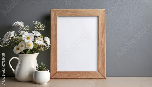 Vintage Wooden Landscape Frame Enhanced by Blooming Flowers Against a Grey Backdrop, Offering a Versatile Blank Canvas for Print Presentations and Home Decor.