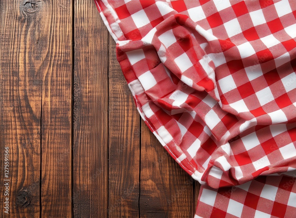 Obraz premium A red and white checkered tablecloth on a rustic wooden background, perfect for a cozy picnic or dining setting.