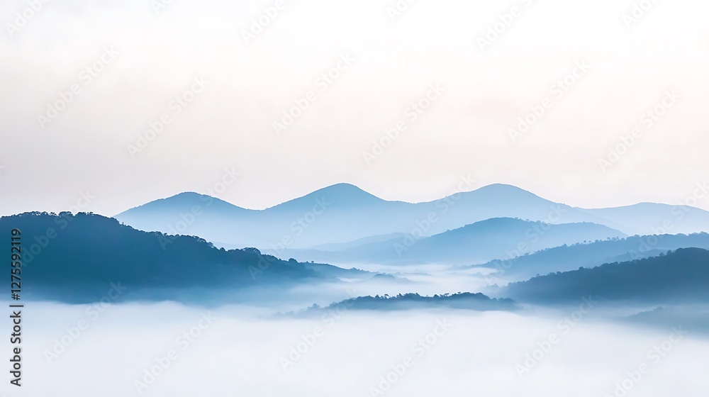 Obraz premium Misty Mountainscape Serene Blue Hues Dawn Landscape