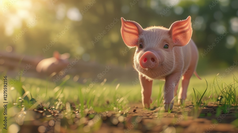 Miniature pink pig wandering through a lush green field under soft sunlight, with blurred background farm elements enhancing the serene farm atmosphere. Miniature pink pig wandering through a lush green field under soft sunlight, with blurred background farm elements enhancing the serene farm atmosphere.