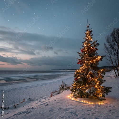 There is a Christmas tree in a snowy beach, A Christmas tree on a snowy beach by the ocean in winter.