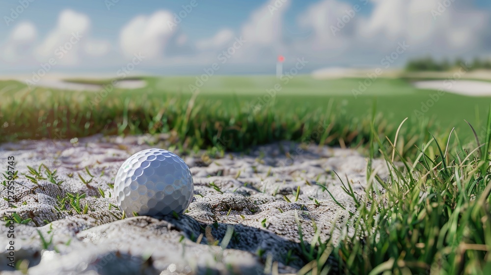 Golf ball resting in green grass rough with sand trap visible in foreground and distant flag on green under bright blue sky with fluffy clouds Golf ball resting in green grass rough with sand trap visible in foreground and distant flag on green under bright blue sky with fluffy clouds