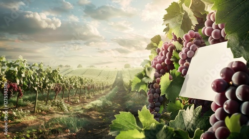 Vibrant vineyard landscape showcasing ripe purple grapes ready for harvest with lush green leaves and a blank white sign in the foreground. photo