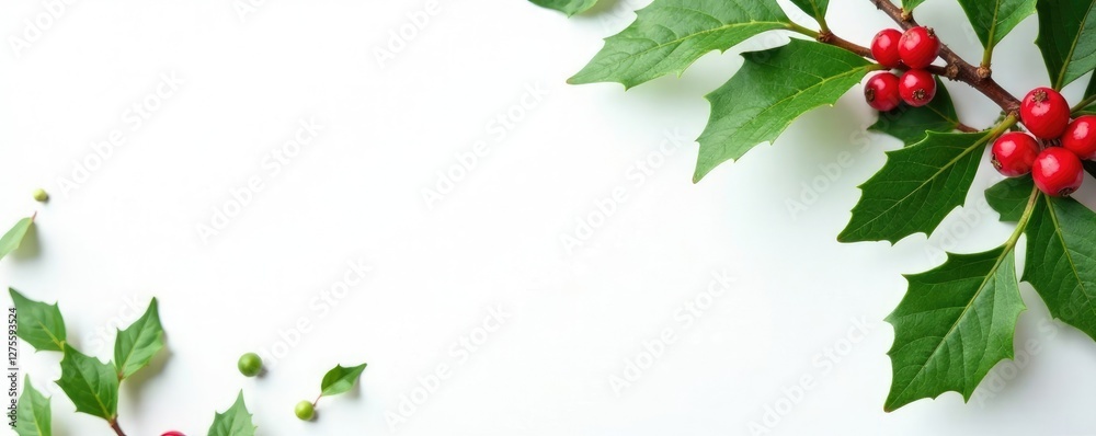 Fototapeta premium White background with holly leaves and berries, nature, background, green