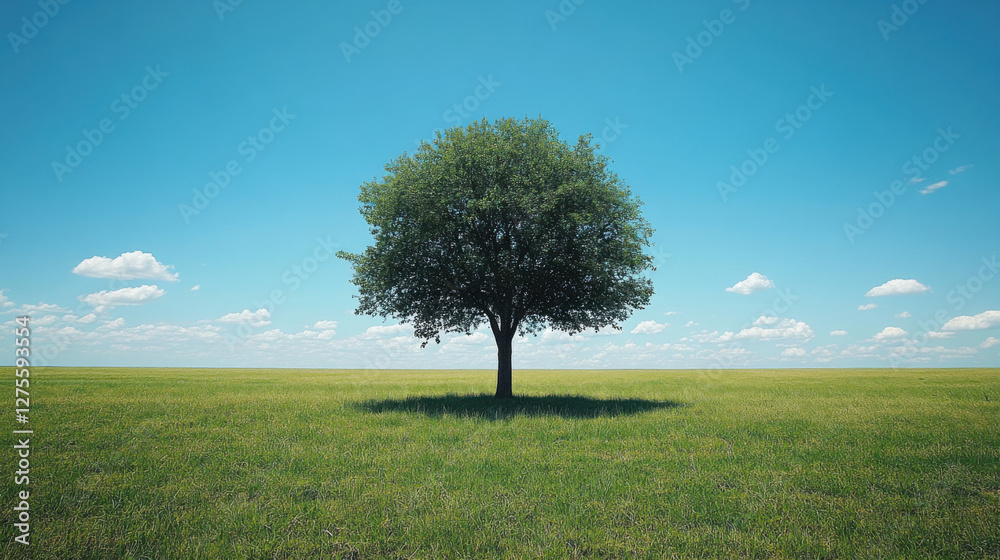 Fototapeta premium solitary tree stands in vast green field under bright blue sky