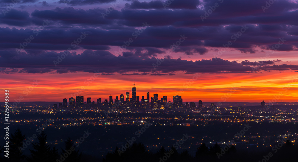 A breathtaking sunset over a city skyline, with vibrant hues of purple, pink, and orange painting the clouds in a mesmerizing display A breathtaking sunset over a city skyline, with vibrant hues of purple, pink, and orange painting the clouds in a mesmerizing display