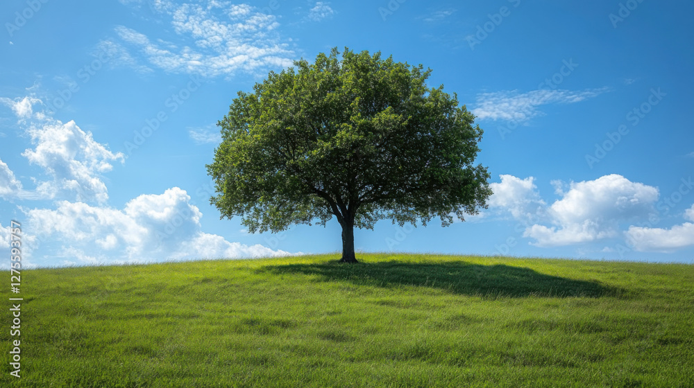solitary tree stands majestically on grassy hill under bright blue sky solitary tree stands majestically on grassy hill under bright blue sky