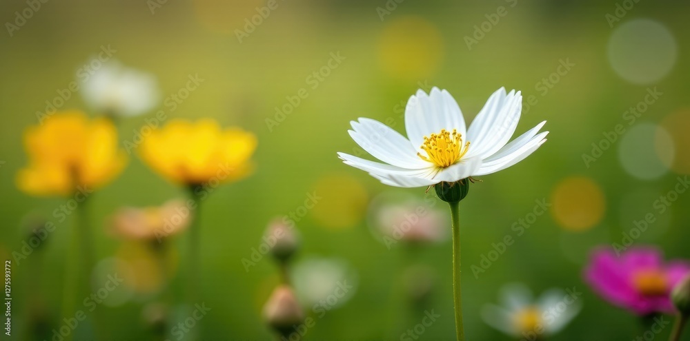 White corolla and yellow stamens in a field with other wildflowers, other wildflowers, petals, nature White corolla and yellow stamens in a field with other wildflowers, other wildflowers, petals, nature