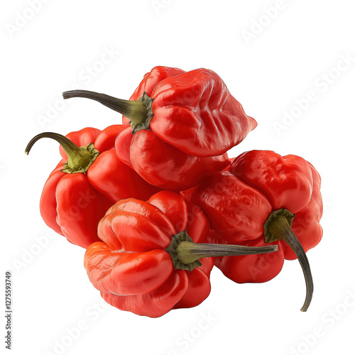 A cluster of vibrant red habanero peppers, showcasing their unique shape and texture.