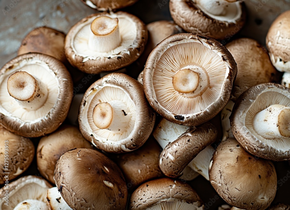Fresh Shiitake Mushrooms Piled on a Rustic Kitchen Table Ready for Culinary Delights Fresh Shiitake Mushrooms Piled on a Rustic Kitchen Table Ready for Culinary Delights