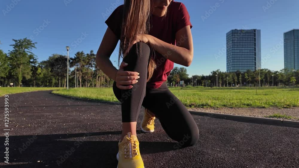 Young woman with knee and leg pain during jogging and exercise in urban park.	
