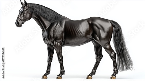 Black horse standing strong and graceful, isolated on white background with detailed mane and muscular build photo