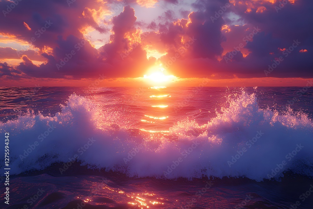 Naklejka premium Dramatic Ocean Sunset with Vibrant Colors and Crashing Waves for Inspirational Design