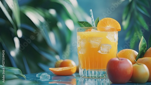 Refreshing orange juice drink, tropical foliage, vibrant citrus fruits photo