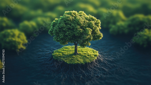 lush green tree stands on small island surrounded by water, symbolizing nature beauty
