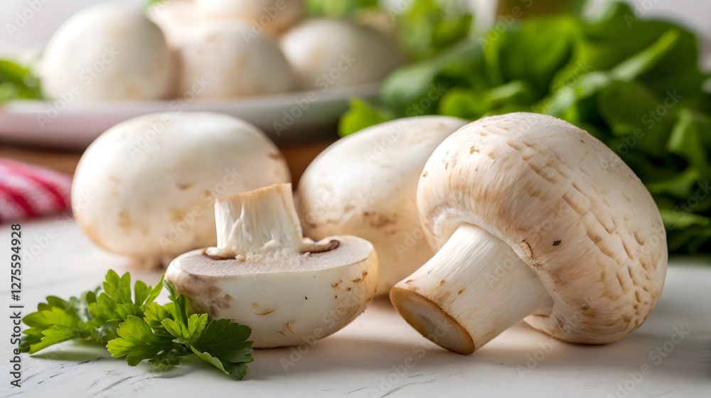 Fresh White Mushrooms with Parsley and Lettuce Fresh White Mushrooms with Parsley and Lettuce