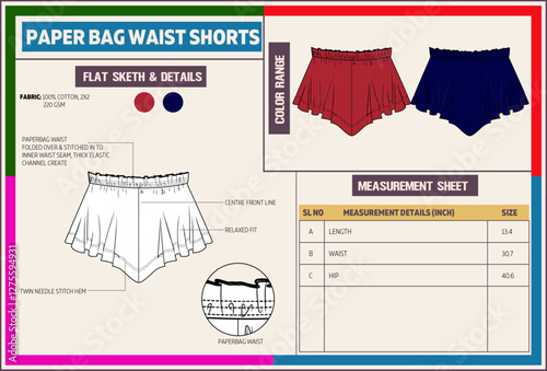 Women Nightwear Paper bag shorts Tech Pack. 