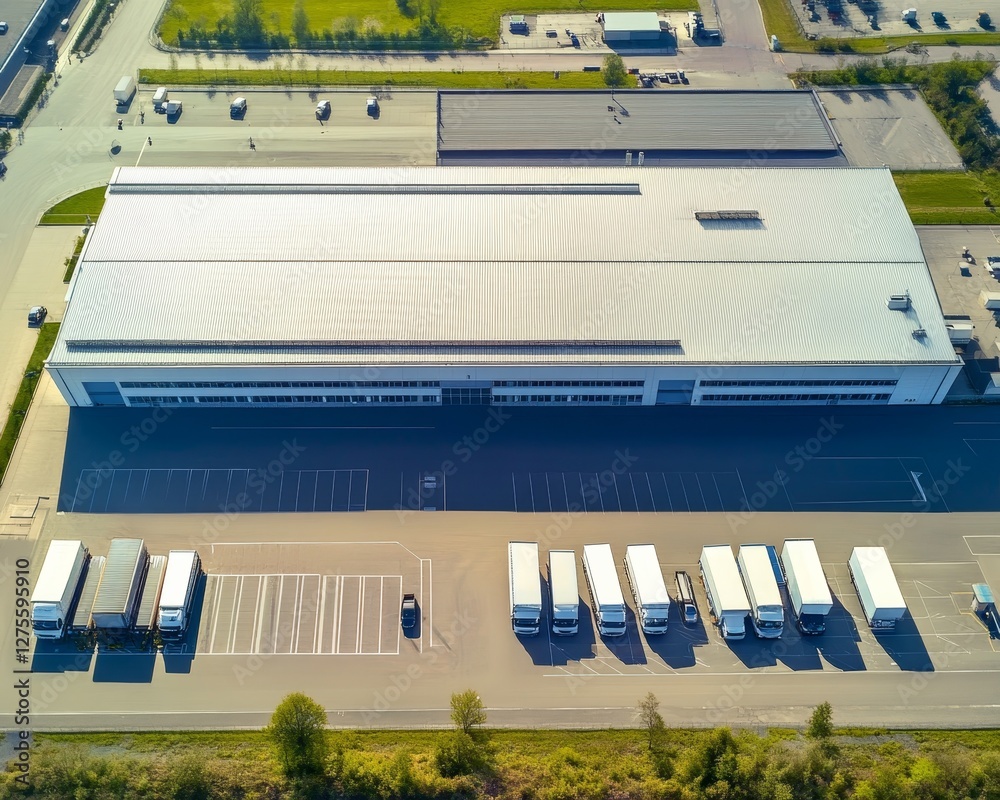 Φωτογραφία Aerial View of Large Modern Distribution Center, Warehouse Building with Trucks on Parking Lot