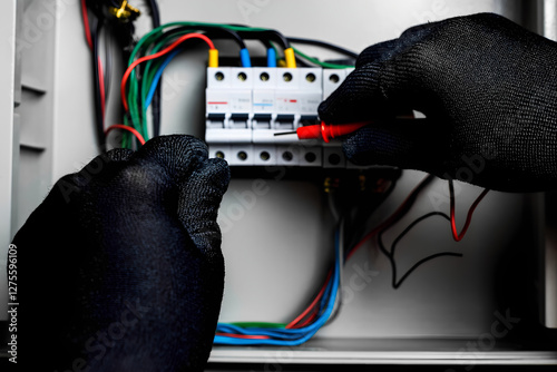 power supply unit, The electrician wore black insulated rubber gloves and held a pen to test the circuit, 300dpi, 3d illustration