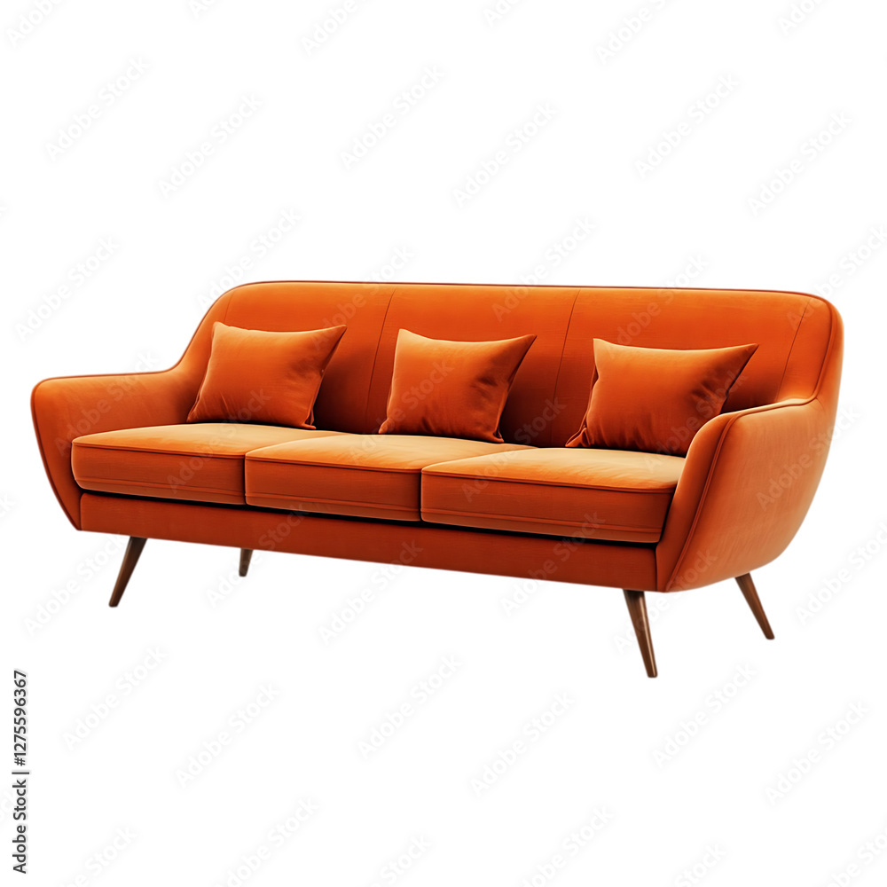 Fototapeta premium Mid-Century Modern Orange Sofa isolated on transparent background