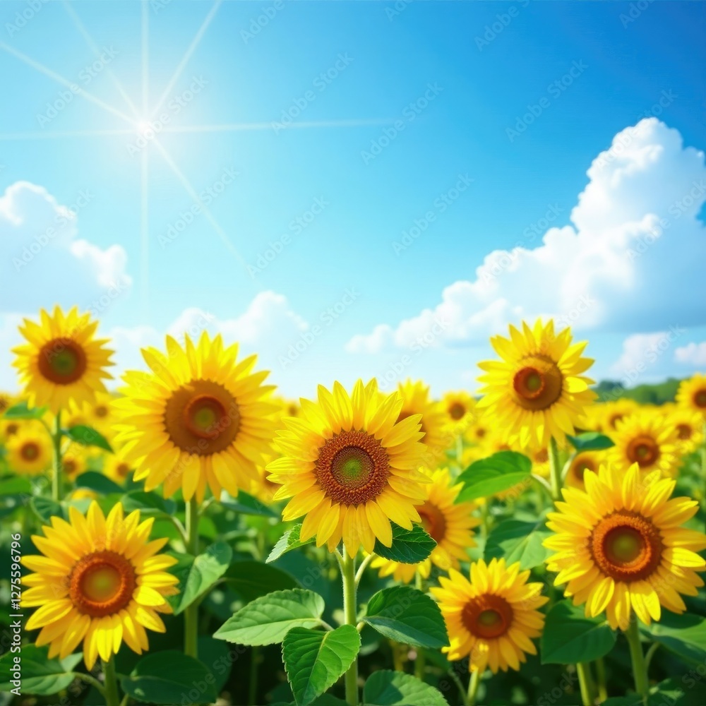 Fototapeta premium Yellow sunflower fields in a serene blue landscape, peaceful, sunny