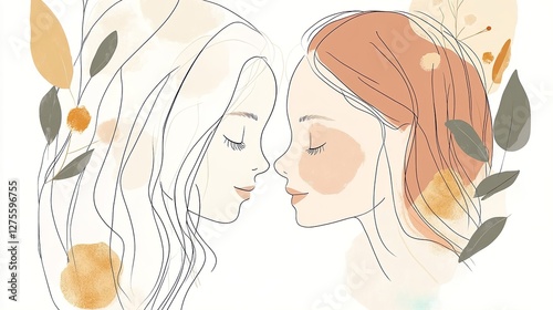 Minimalist boho line art Happy mother's day concept showing affection and love between mother and daughter 