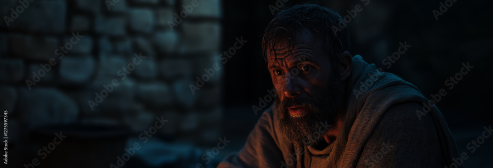 Fototapeta premium Portray Peter sitting in the darkened courtyard, his face caught in the flickering firelight as he denies knowing Jesus