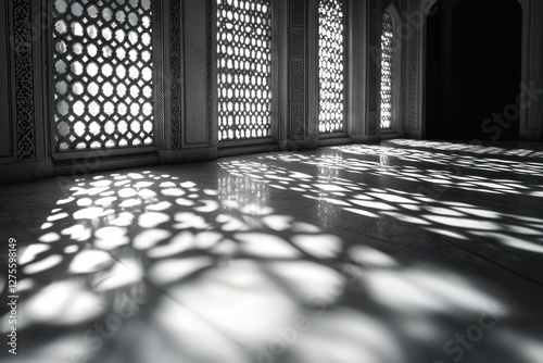 Monochrome architectural image showcasing light patterns created by sunlight filtering through latticed windows, casting striking shadows on the marble floor, emphasizing design elements.