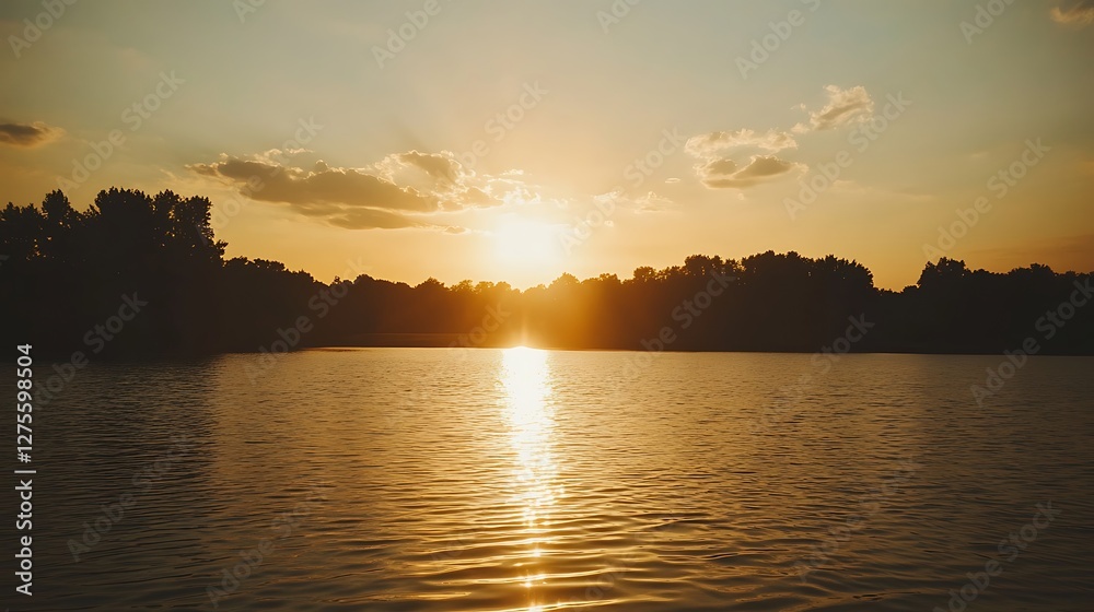 Golden Sunset Over Calm Lake With Silhouetted Trees
