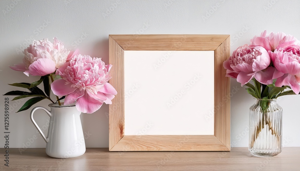 Elegant Wooden Square Frame Displaying Delicate Pink Peony Blossoms Against a White Interior Backdrop, Emphasizing Minimalist Aesthetics and Radiant Serenity Elegant Wooden Square Frame Displaying Delicate Pink Peony Blossoms Against a White Interior Backdrop, Emphasizing Minimalist Aesthetics and Radiant Serenity