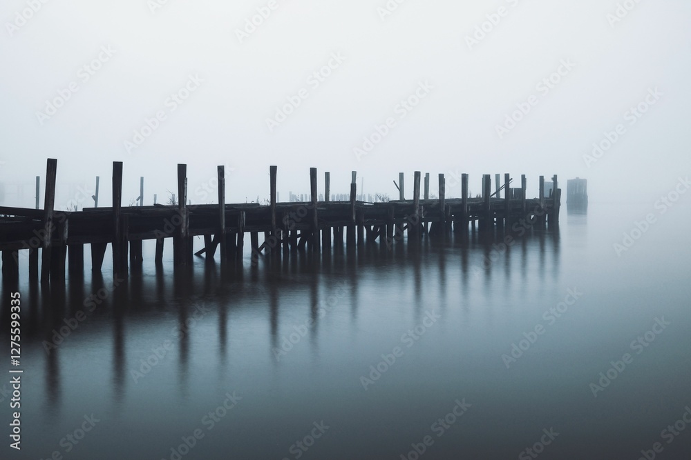 Fototapeta premium Serene, foggy pier extending into calm waters, creating a tranquil and mysterious atmosphere.