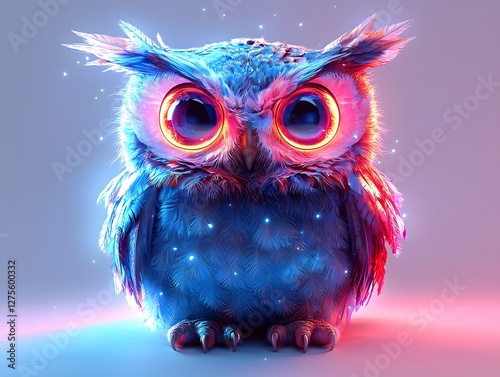 Glowing Neon Owl with Intricate Feather Patterns in Electric Blue and Pink Art
