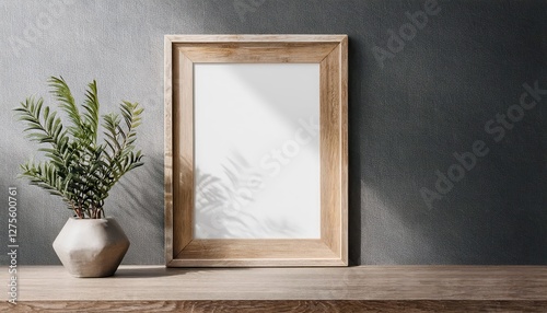 3D Wooden Vertical Frame Mockup on Gray Wall Vintage Elegance Meets Modern Minimalism in this Striking Render, Ideal for Digital Art, Home Decor or Design Inspiration