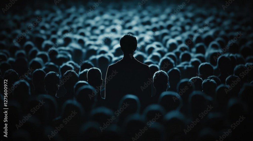 Obraz premium Pink silhouette of couple standing in monochrome crowd of different people,surreal unique and different concept,loneliness in society,shadow,freedom,Love,be yourself,Stand out from the crowd.