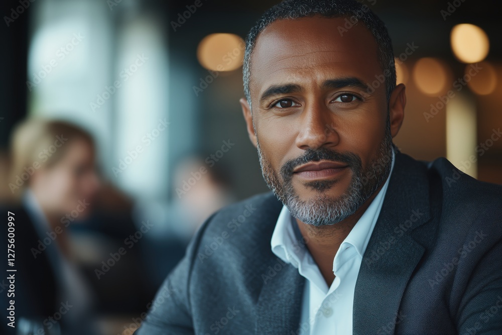 Fototapeta premium Confident man in a gray suit sits at a table in a busy urban cafe during midday hours
