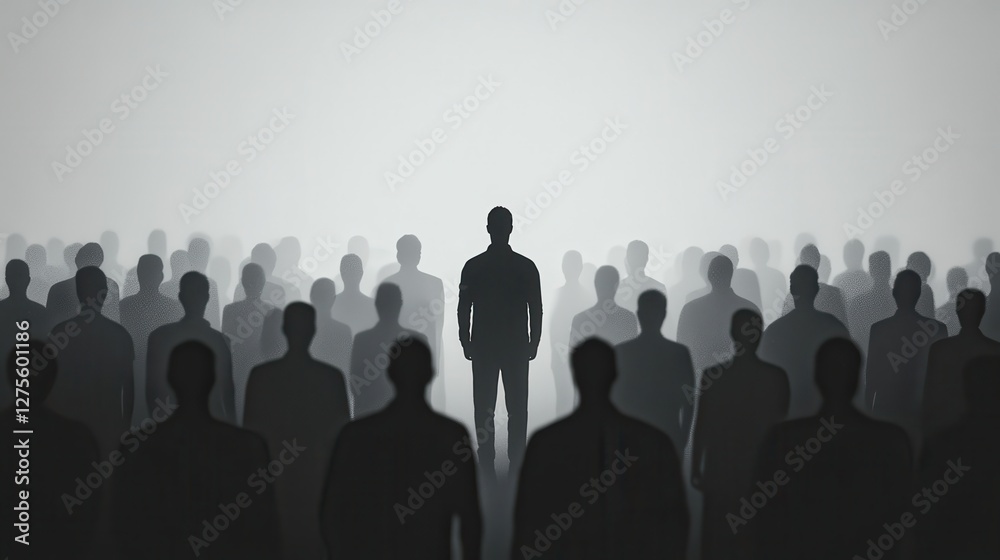 Naklejka premium Pink silhouette of couple standing in monochrome crowd of different people,surreal unique and different concept,loneliness in society,shadow,freedom,Love,be yourself,Stand out from the crowd.