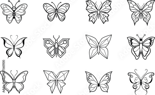 Twelve Elegant Black and White Butterfly Line Art Designs