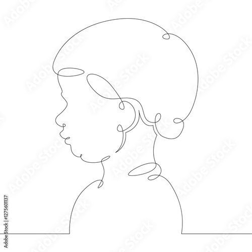 One continuous drawing line logo portrait profile bust child kid side view.Single hand drawn art line doodle outline isolated minimal illustration cartoon character flat