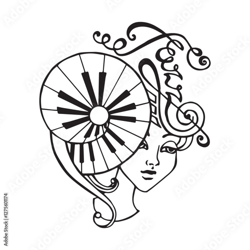 Beautiful woman face with musical instruments in jazz style, hand drawn vector illustration, black isolated on white background